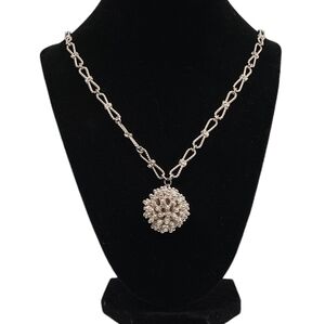 Vintage D'Orlan Silver Metal Necklace with Orb Pendant Bow Knot Chain 7o's Glam